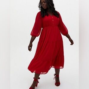 Torrid Maxi Chiffon Red Clip Dot Pleated Dress